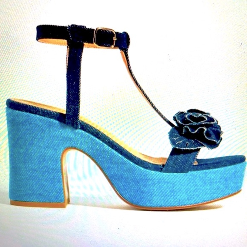 Maeve Two-Tone Denim Platform Sandals with Rosette - Picture 2 of 16